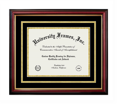 Diploma with Channel Cut Frame in Petite Mahogany with Gold Trim with Black & Gold Mats