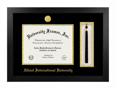 Alliant International University Diploma with Tassel Box Frame in Manhattan Black with Black & Gold Mats for DOCUMENT: 8 1/2"H X 11"W  