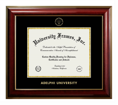 Adelphi University Diploma Frame in Classic Mahogany with Gold Trim with Black & Gold Mats for DOCUMENT: 8 1/2"H X 11"W  