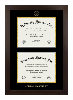 Adelphi University Double Degree (Stacked) Frame in Manhattan Espresso with Black & Gold Mats for DOCUMENT: 8 1/2"H X 11"W  , DOCUMENT: 8 1/2"H X 11"W  