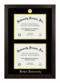 Bethel University (Indiana) Double Degree (Stacked) Frame in Manhattan Espresso with Black & Gold Mats for document: 8 1/2"h x 11"w  , document: 8 1/2"h x 11"w  