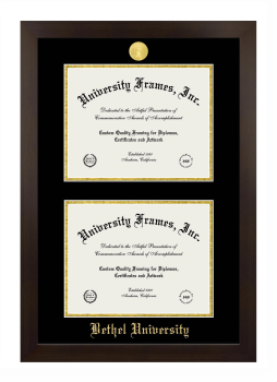Bethel University (Indiana) Double Degree (Stacked) Frame in Manhattan Espresso with Black & Gold Mats for DOCUMENT: 8 1/2"H X 11"W  , DOCUMENT: 8 1/2"H X 11"W  