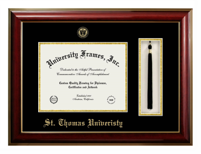 St. Thomas University Diploma with Tassel Box Frame in Classic Mahogany with Gold Trim with Black & Gold Mats for DOCUMENT: 8 1/2"H X 11"W  