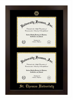 St. Thomas University Double Degree (Stacked) Frame in Manhattan Espresso with Black & Gold Mats for DOCUMENT: 8 1/2"H X 11"W  , DOCUMENT: 8 1/2"H X 11"W  