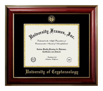 University of Cryptozoology Diploma Frame in Classic Mahogany with Gold Trim with Black & Gold Mats for DOCUMENT: 8 1/2"H X 11"W  