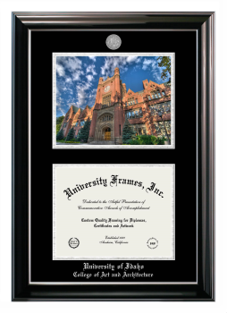 University of Idaho College of Art and Architecture Double Opening with Campus Image (Stacked) Frame in Classic Ebony with Silver Trim with Black & Silver Mats for document: 8 1/2"h x 11"w  
