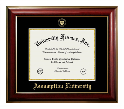 Assumption University Diploma Frame in Classic Mahogany with Gold Trim with Black & Gold Mats for DOCUMENT: 8 1/2"H X 11"W  