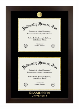 Rasmussen University Double Degree (Stacked) Frame in Manhattan Espresso with Black & Gold Mats for document: 8 1/2"h x 11"w  , document: 8 1/2"h x 11"w  