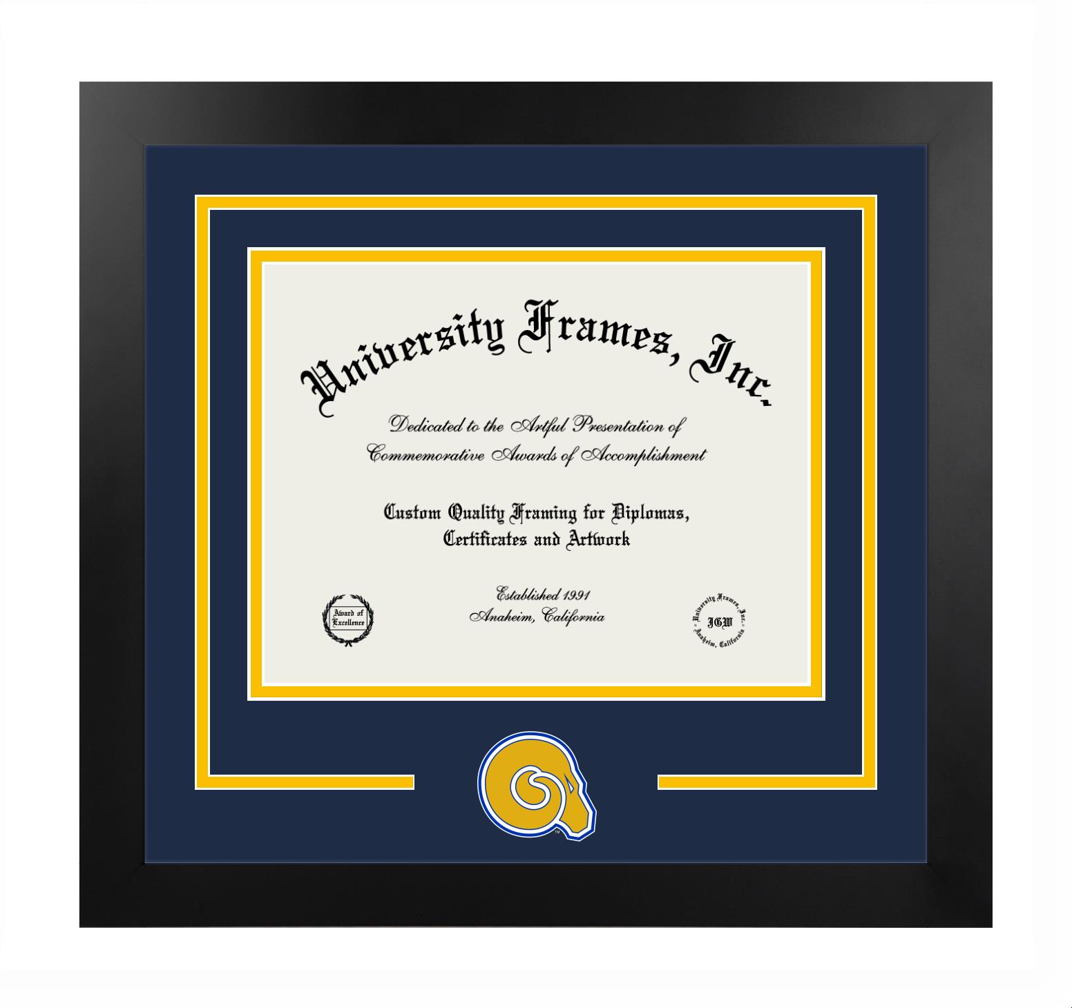 Albany State University (Albany, GA) Albany State University (Albany, GA) Logo Mat Frame in Manhattan Black with Navy Blue & Amber Mats for DOCUMENT: 8 1/2"H X 11"W  