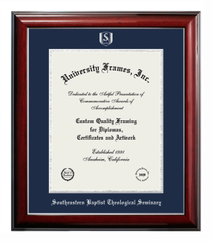 Southeastern Baptist Theological Seminary Diploma Frame in Classic Mahogany with Silver Trim with Navy Blue & Silver Mats for DOCUMENT: 14"H X 11"W  