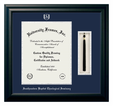 Diploma with Tassel Box Frame in Satin Black with Navy Blue & Silver Mats for DOCUMENT: 14"H X 11"W  