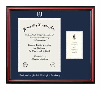 Diploma with Announcement Frame in Petite Cherry with Navy Blue & Silver Mats for DOCUMENT: 14"H X 11"W  ,  7"H X 4"W  