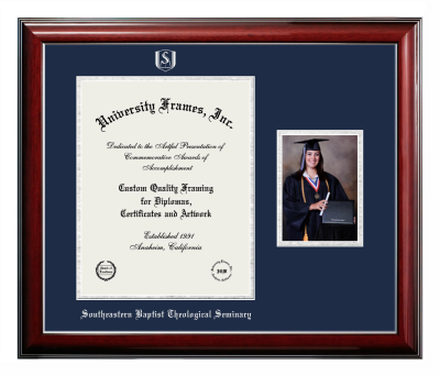 Diploma with 5 x 7 Portrait Frame in Classic Mahogany with Silver Trim with Navy Blue & Silver Mats for DOCUMENT: 14"H X 11"W  