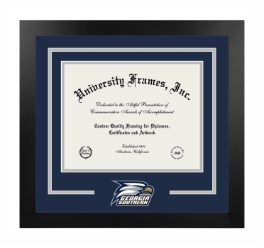Georgia Southern University Logo Mat Frame in Manhattan Black with Navy Blue & Gray Mats for DOCUMENT: 8 1/2"H X 11"W  