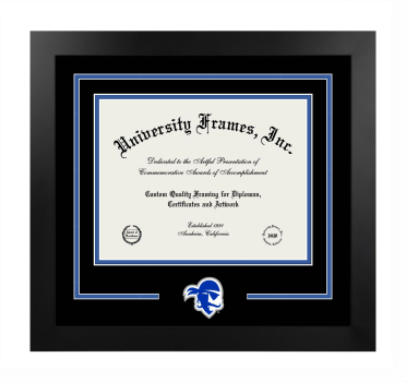 Seton Hall University School of Law Logo Mat Frame in Manhattan Black with Black & Royal Blue Mats for DOCUMENT: 8 1/2"H X 11"W  