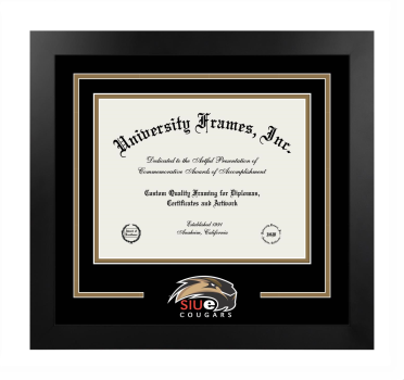 Southern Illinois University Edwardsville Logo Mat Frame in Manhattan Black with Black & Bronze Mats for DOCUMENT: 8 1/2"H X 11"W  