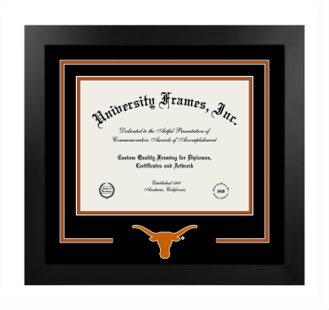 The University of Texas (Austin) Logo Mat Frame in Manhattan Black with Black & Burnt Orange Mats for DOCUMENT: 8 1/2"H X 11"W  