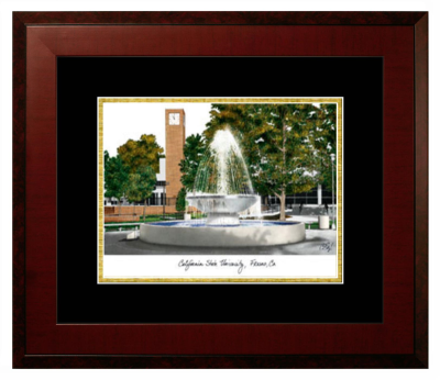 California State University, Fresno Lithograph Only Frame in Honors Mahogany with Black & Gold Mats