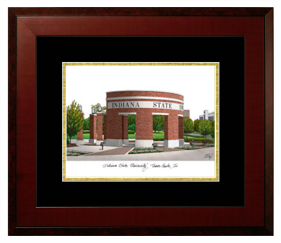Indiana State University Lithograph Only Frame in Honors Mahogany with Black & Gold Mats