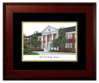 Nicholls State University Lithograph Only Frame in Honors Mahogany with Black & Gold Mats