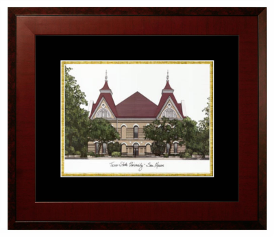 Texas State University Lithograph Only Frame in Honors Mahogany with Black & Gold Mats