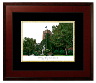 University of Michigan Lithograph Only Frame in Honors Mahogany with Black & Gold Mats
