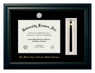 University of Arizona Global Campus Diploma with Tassel Box Frame in Satin Black with Black & Silver Mats for DOCUMENT: 8 1/2"H X 11"W  