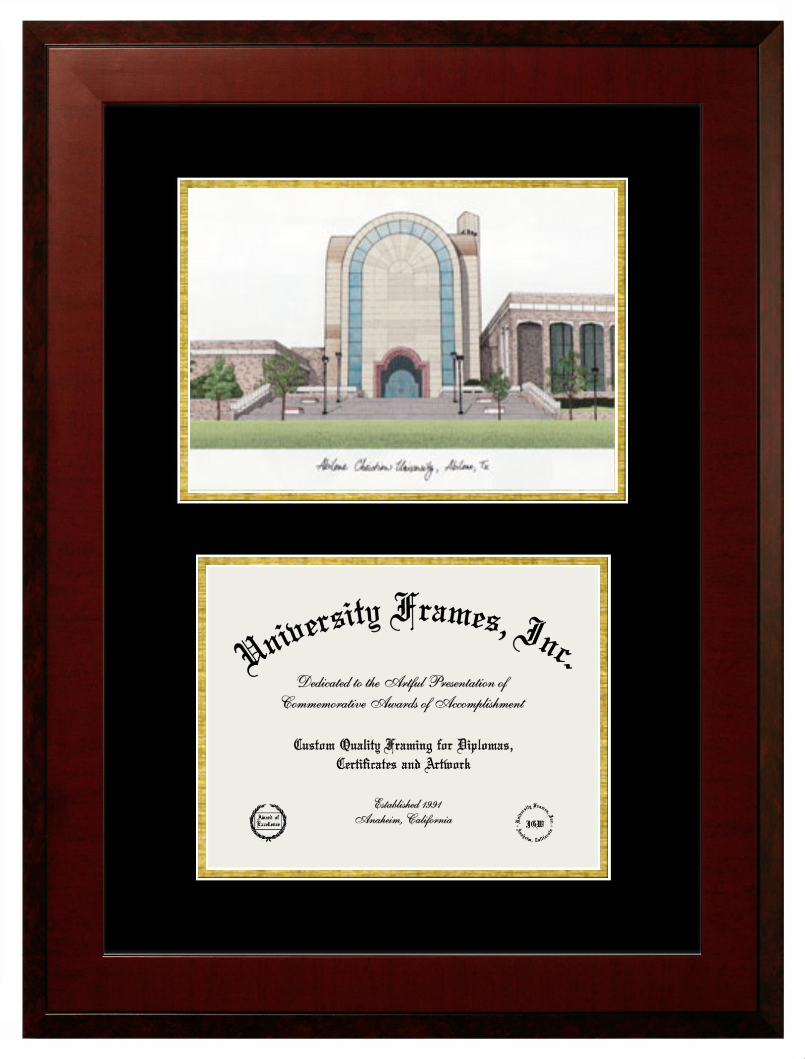 Abilene Christian University Abilene Christian University Double Opening with Campus Image (Unimprinted Mat) Frame in Honors Mahogany with Black & Gold Mats for DOCUMENT: 8 1/2"H X 11"W  