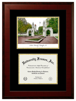 Indiana University Double Opening with Campus Image (Unimprinted Mat) Frame in Honors Mahogany with Black & Gold Mats for DOCUMENT: 8 1/2"H X 11"W  