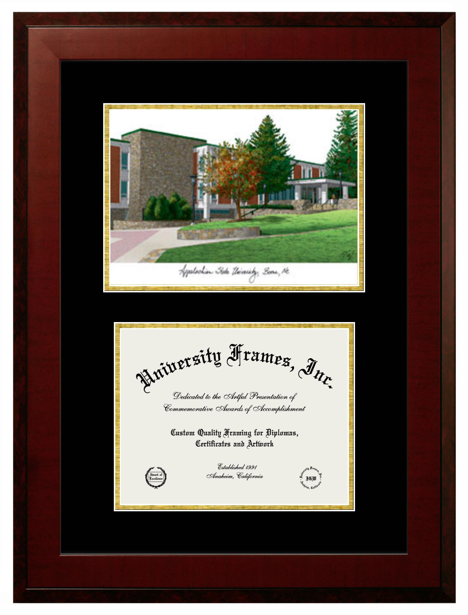 Appalachian State University Appalachian State University Double Opening with Campus Image (Unimprinted Mat) Frame in Honors Mahogany with Black & Gold Mats for DOCUMENT: 8 1/2"H X 11"W  