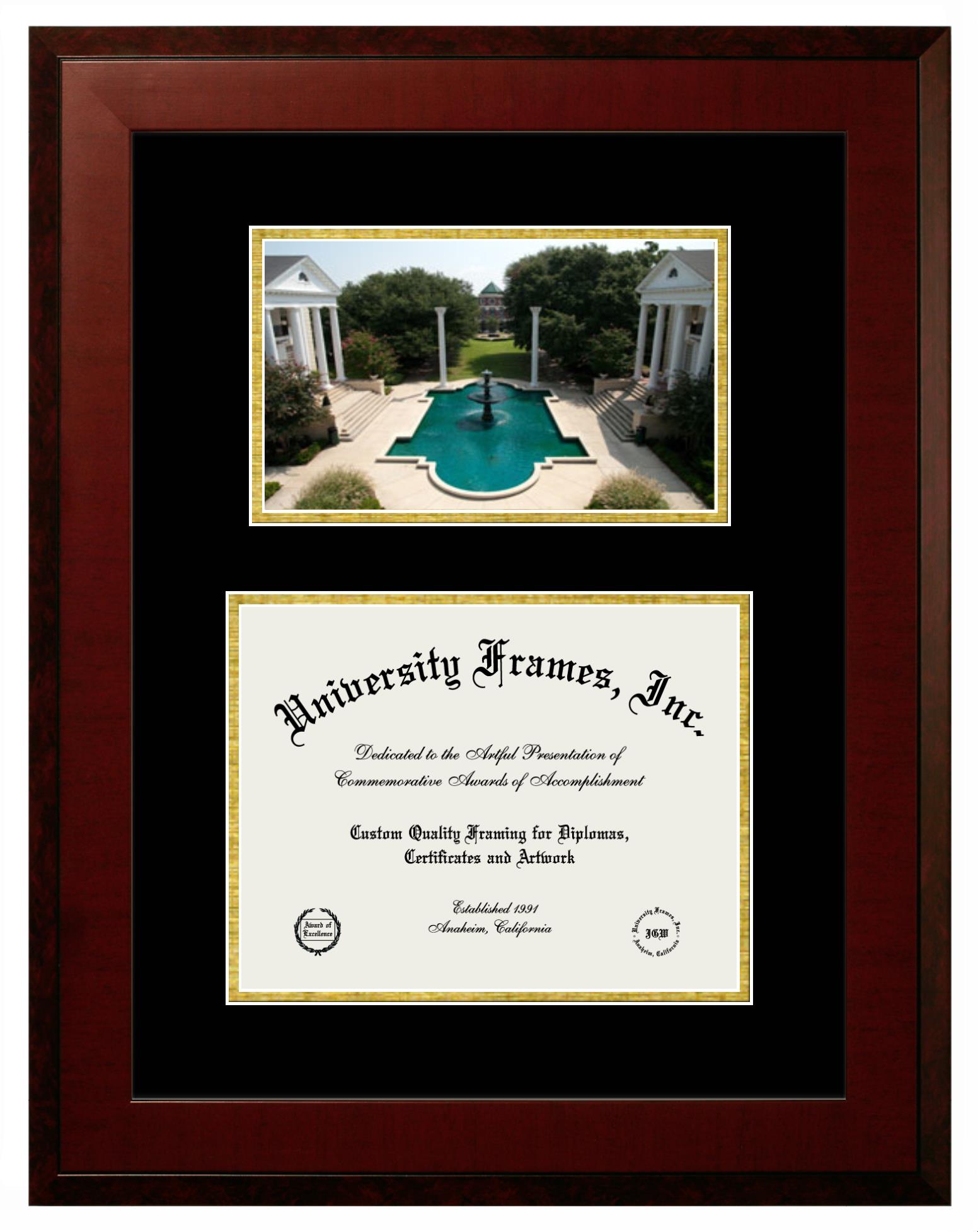 Belhaven University Belhaven University Double Opening with Campus Image (Unimprinted Mat) Frame in Honors Mahogany with Black & Gold Mats for DOCUMENT: 8 1/2"H X 11"W  