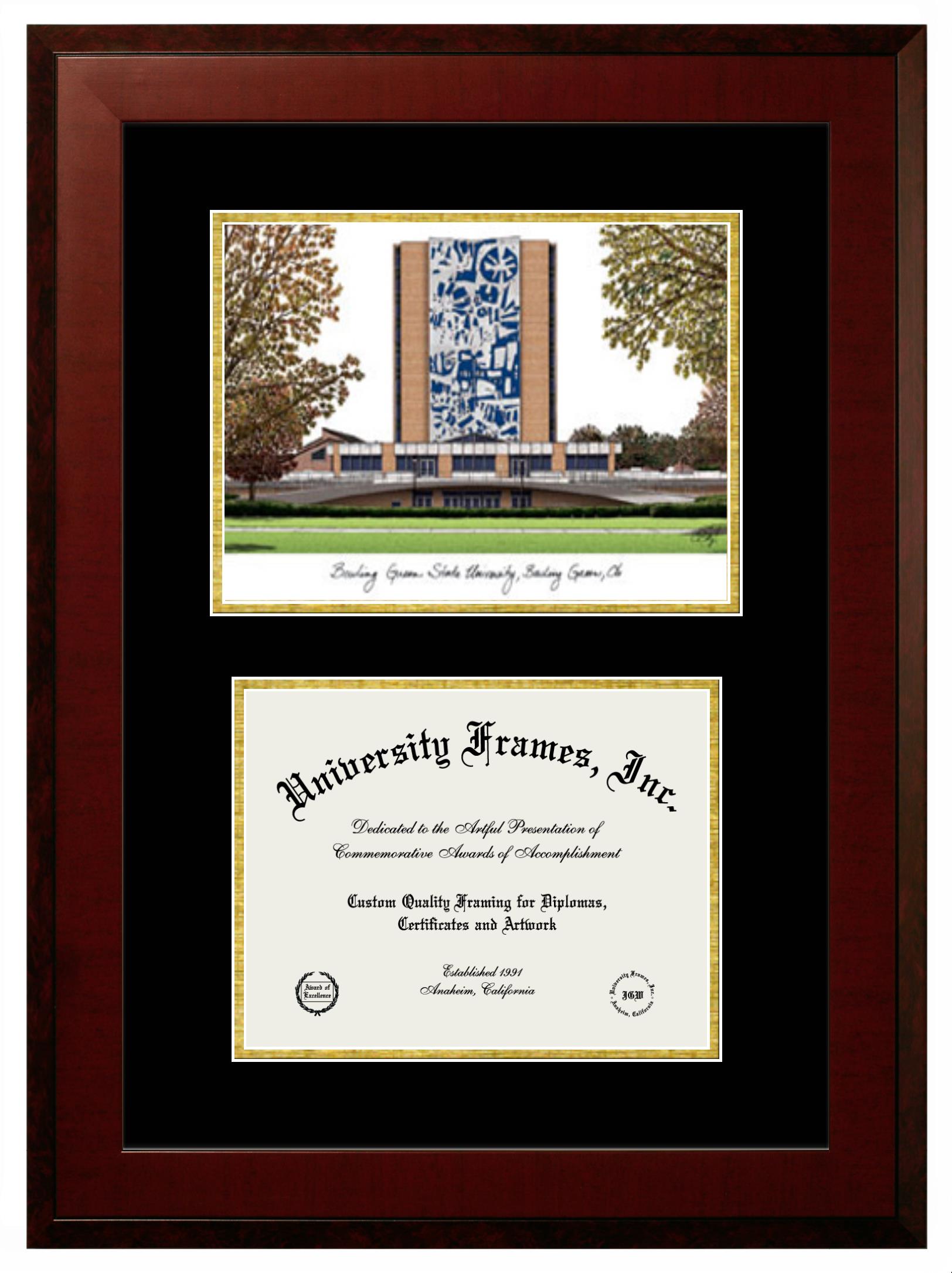 Bowling Green State University Bowling Green State University Double Opening with Campus Image (Unimprinted Mat) Frame in Honors Mahogany with Black & Gold Mats for DOCUMENT: 8 1/2"H X 11"W  