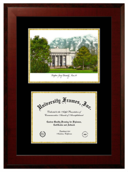 Brigham Young University Ira A. Fulton College of Engineering and Technology Double Opening with Campus Image (Unimprinted Mat) Frame in Honors Mahogany with Black & Gold Mats for DOCUMENT: 8 1/2"H X 11"W  