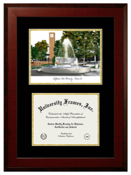 California State University, Fresno Double Opening with Campus Image (Unimprinted Mat) Frame in Honors Mahogany with Black & Gold Mats for DOCUMENT: 8 1/2"H X 11"W  