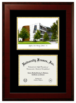 California State University, Fullerton Double Opening with Campus Image (Unimprinted Mat) Frame in Honors Mahogany with Black & Gold Mats for DOCUMENT: 8 1/2"H X 11"W  