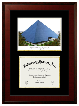 California State University, Long Beach Double Opening with Campus Image (Unimprinted Mat) Frame in Honors Mahogany with Black & Gold Mats for DOCUMENT: 8 1/2"H X 11"W  