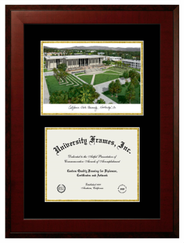 California State University, Northridge Double Opening with Campus Image (Unimprinted Mat) Frame in Honors Mahogany with Black & Gold Mats for DOCUMENT: 8 1/2"H X 11"W  