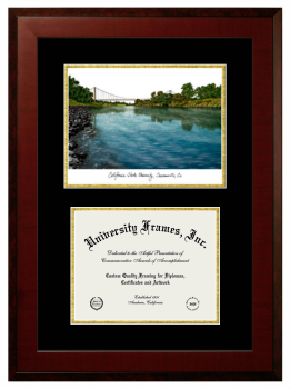 California State University, Sacramento Double Opening with Campus Image (Unimprinted Mat) Frame in Honors Mahogany with Black & Gold Mats for DOCUMENT: 8 1/2"H X 11"W  