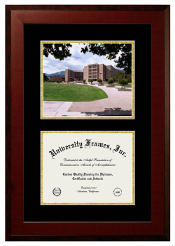 California State University, San Bernardino Double Opening with Campus Image (Unimprinted Mat) Frame in Honors Mahogany with Black & Gold Mats for DOCUMENT: 8 1/2"H X 11"W  