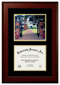 Capital University Double Opening with Campus Image (Unimprinted Mat) Frame in Honors Mahogany with Black & Gold Mats for DOCUMENT: 8 1/2"H X 11"W  
