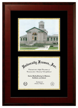 Carnegie Mellon University Double Opening with Campus Image (Unimprinted Mat) Frame in Honors Mahogany with Black & Gold Mats for DOCUMENT: 8 1/2"H X 11"W  