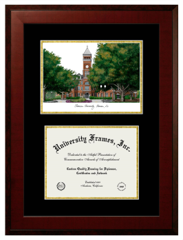 Clemson University Double Opening with Campus Image (Unimprinted Mat) Frame in Honors Mahogany with Black & Gold Mats for DOCUMENT: 8 1/2"H X 11"W  
