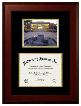 Eastern Washington University Double Opening with Campus Image (Unimprinted Mat) Frame in Honors Mahogany with Black & Gold Mats for DOCUMENT: 8 1/2"H X 11"W  