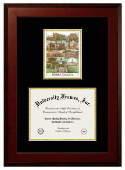 Elmira College Double Opening with Campus Image (Unimprinted Mat) Frame in Honors Mahogany with Black & Gold Mats for DOCUMENT: 8 1/2"H X 11"W  