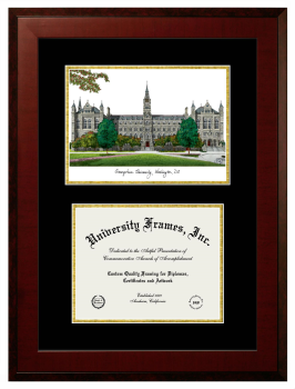 Georgetown University Double Opening with Campus Image (Unimprinted Mat) Frame in Honors Mahogany with Black & Gold Mats for DOCUMENT: 8 1/2"H X 11"W  