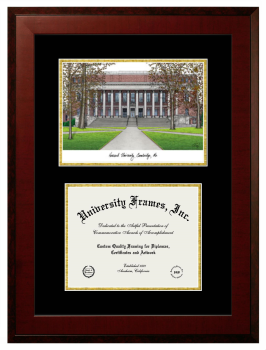 Harvard University Derek Bok Center for Teaching & Learning Double Opening with Campus Image (Unimprinted Mat) Frame in Honors Mahogany with Black & Gold Mats for DOCUMENT: 8 1/2"H X 11"W  