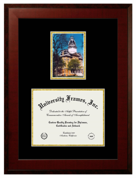 Hillsdale College Double Opening with Campus Image (Unimprinted Mat) Frame in Honors Mahogany with Black & Gold Mats for DOCUMENT: 8 1/2"H X 11"W  