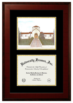 Humboldt State University Double Opening with Campus Image (Unimprinted Mat) Frame in Honors Mahogany with Black & Gold Mats for DOCUMENT: 8 1/2"H X 11"W  