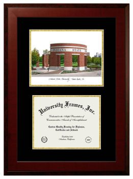 Indiana State University Double Opening with Campus Image (Unimprinted Mat) Frame in Honors Mahogany with Black & Gold Mats for DOCUMENT: 8 1/2"H X 11"W  