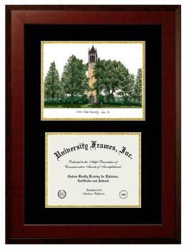 Iowa State University Double Opening with Campus Image (Unimprinted Mat) Frame in Honors Mahogany with Black & Gold Mats for DOCUMENT: 8 1/2"H X 11"W  